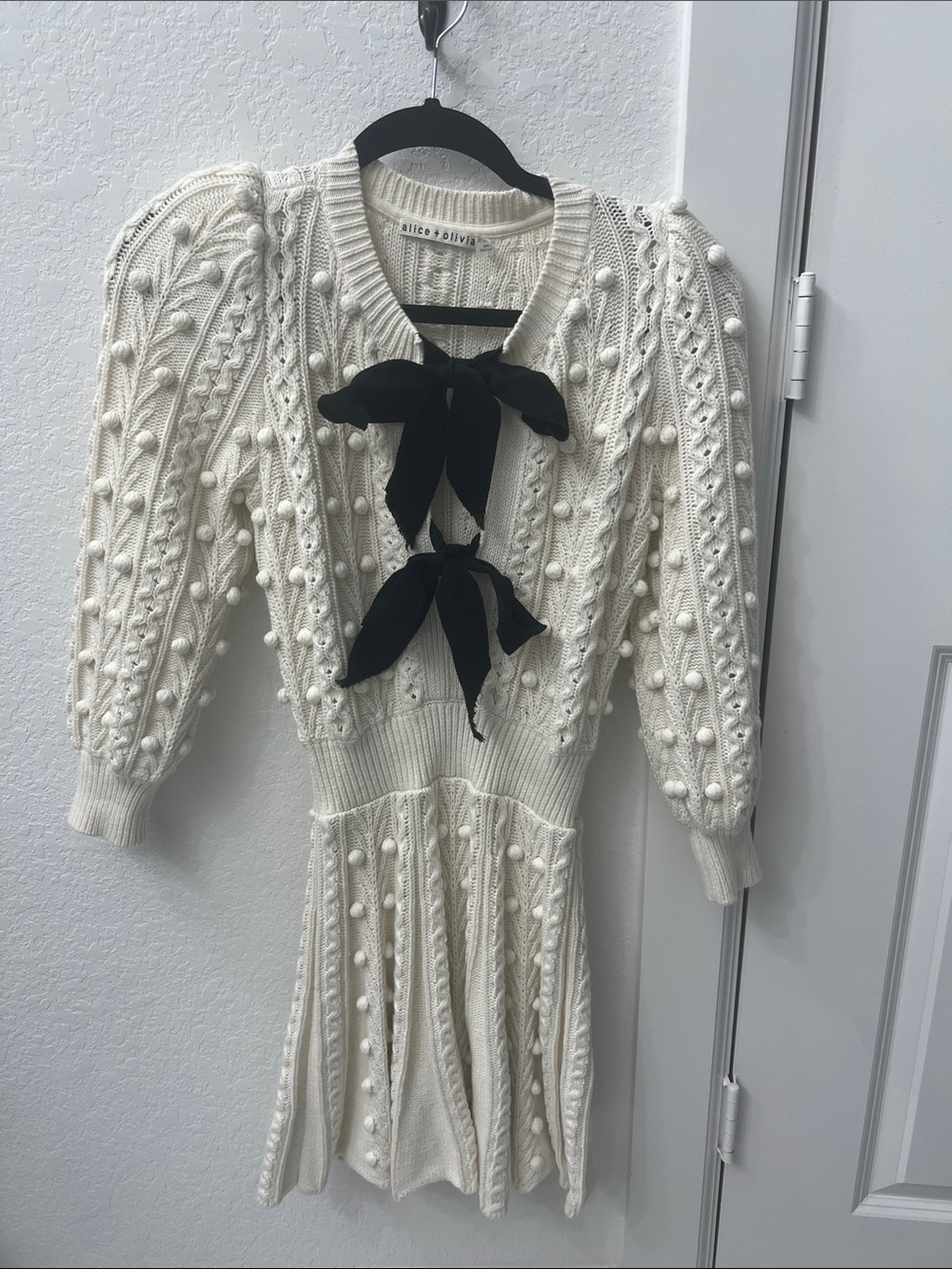 Alice + Olivia Kitty puff sleeve Cream Cable Knit Sweater Dress with Black Bows